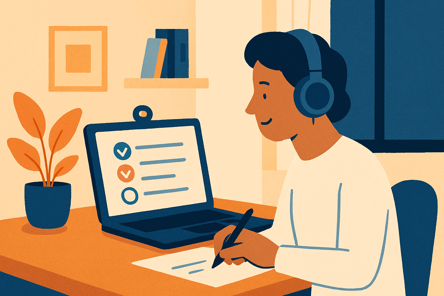 Taking an at-home online English test illustration