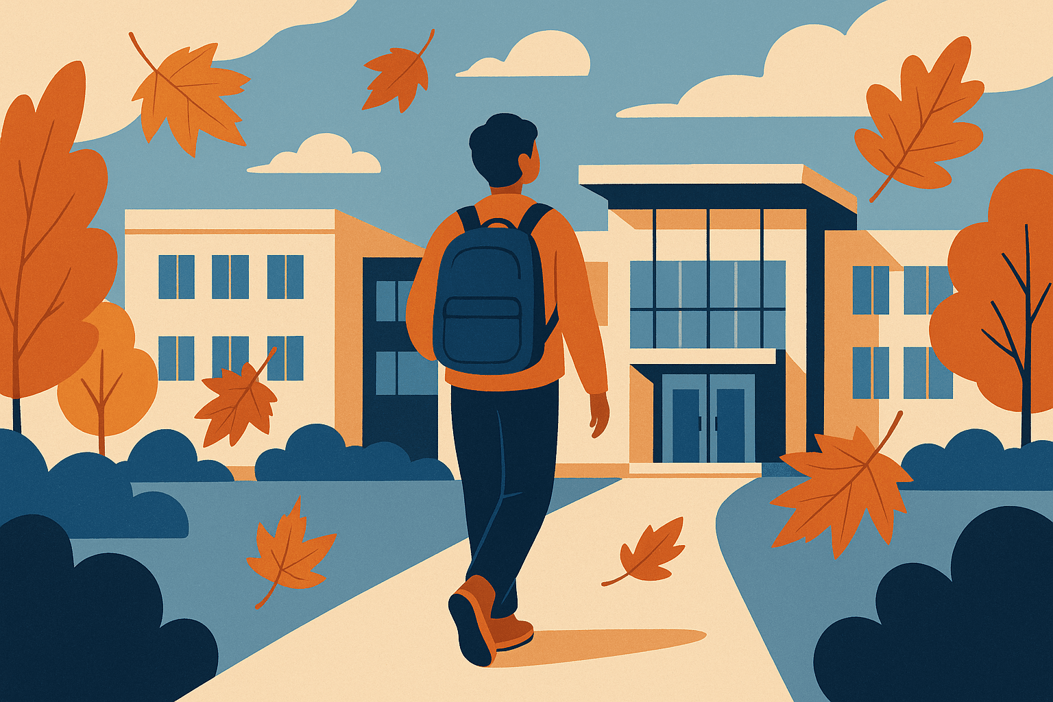 Student arriving at a Canadian university campus illustration