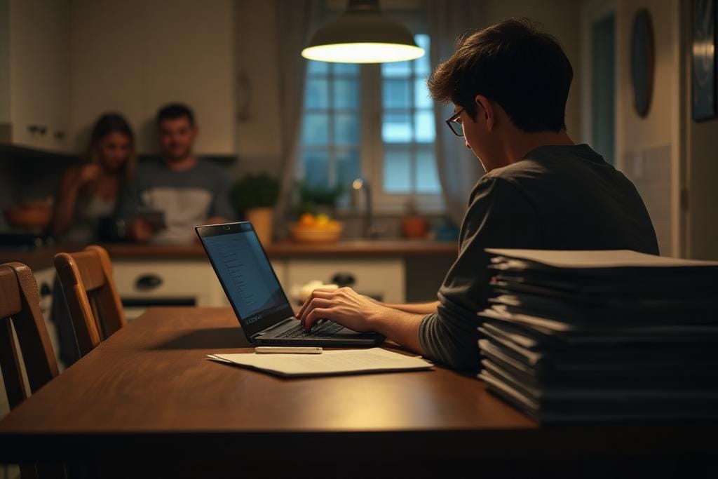 Student working at a laptop late at night preparing a visa application