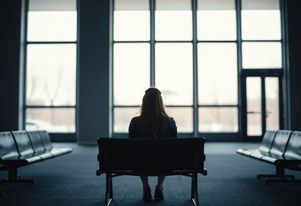 Student waiting alone on a bench in an embassy waiting area