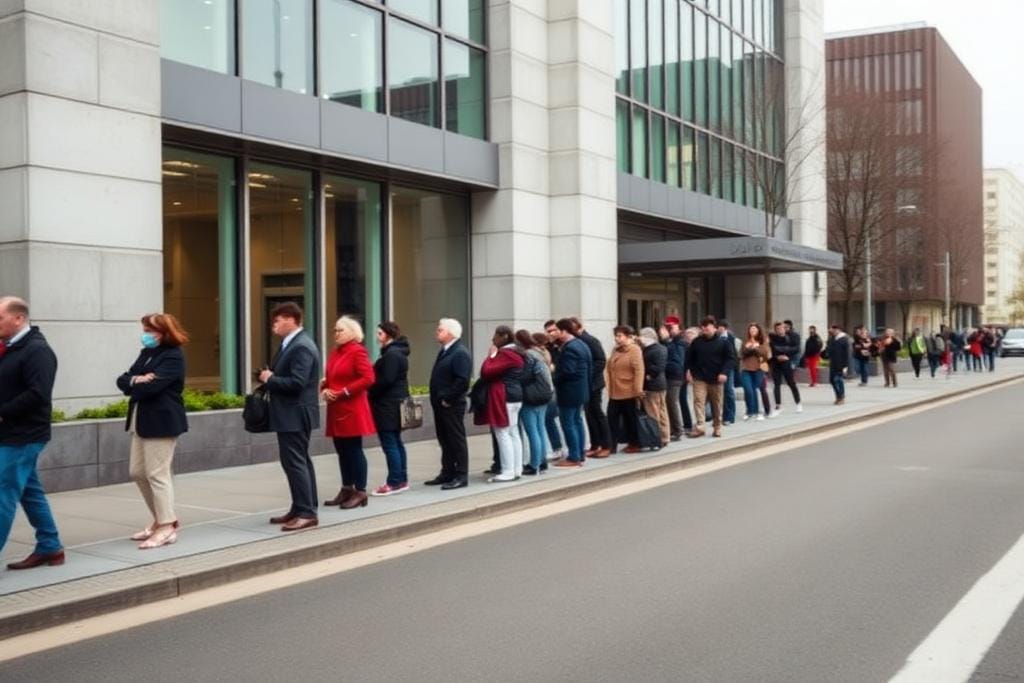 Applicants waiting in a queue outside an embassy building on an overcast morning