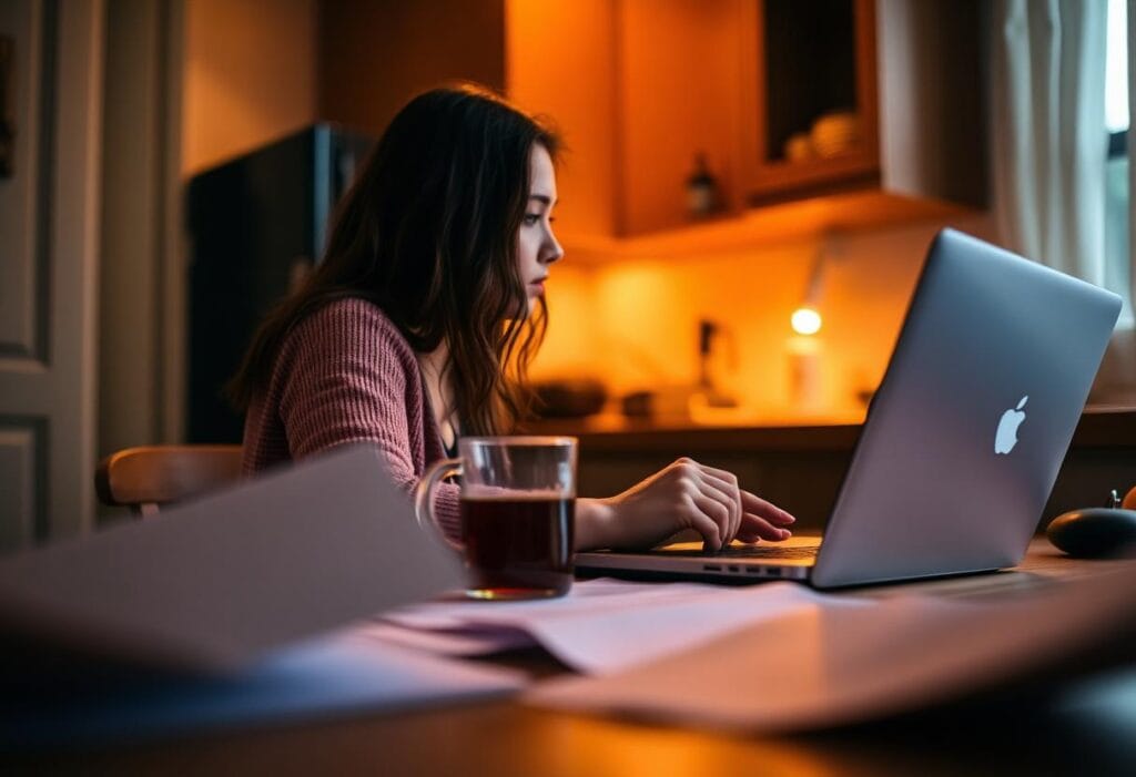 Student going over her finances at a kitchen table at night before starting a visa application