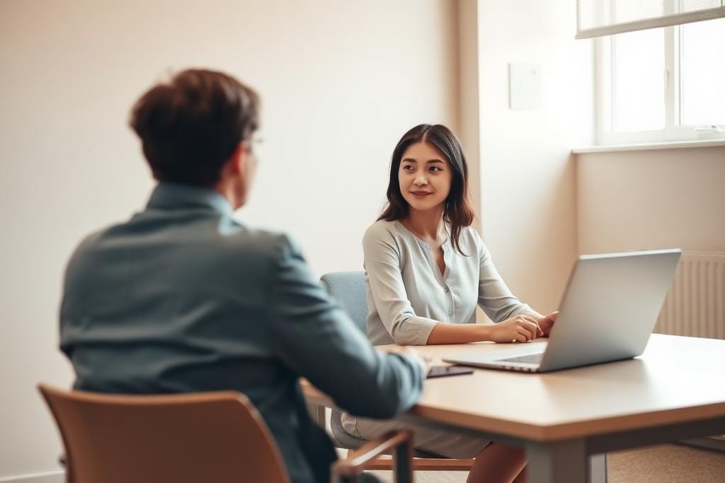 A student talking with a financial adviser across a desk in a bright office