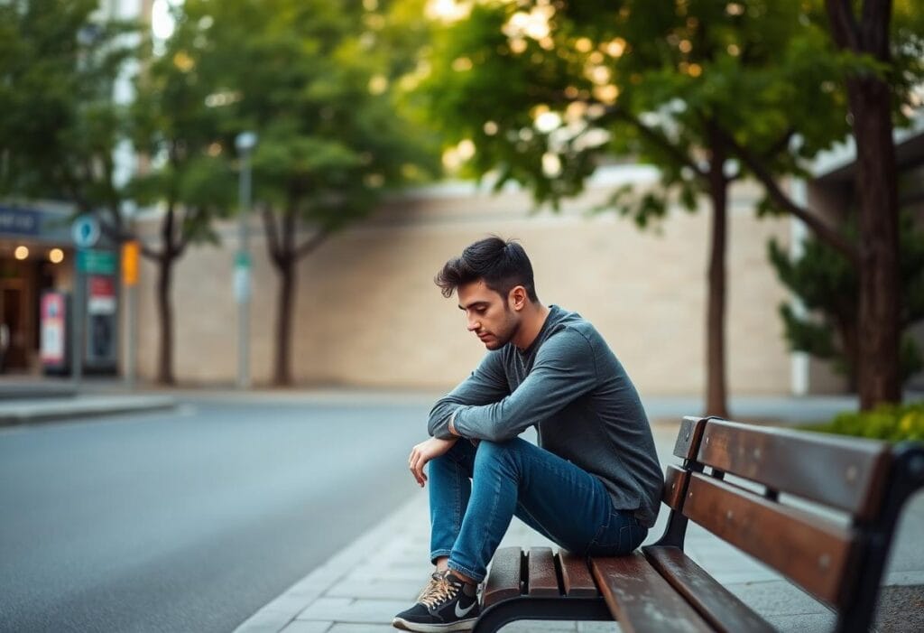 A young man sitting alone on a street bench, looking down after a visa interview