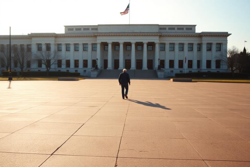 A lone figure crossing an empty plaza toward a large government building