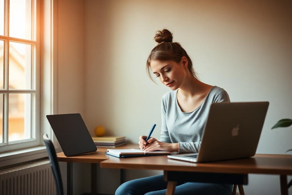 A student planning her visa reapplication at a desk at home