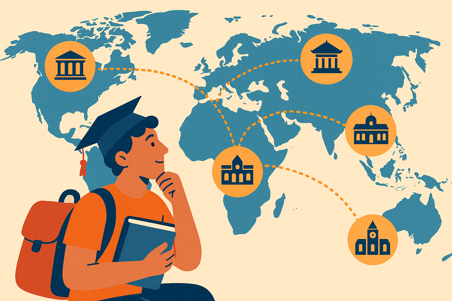 Global study abroad destinations map illustration