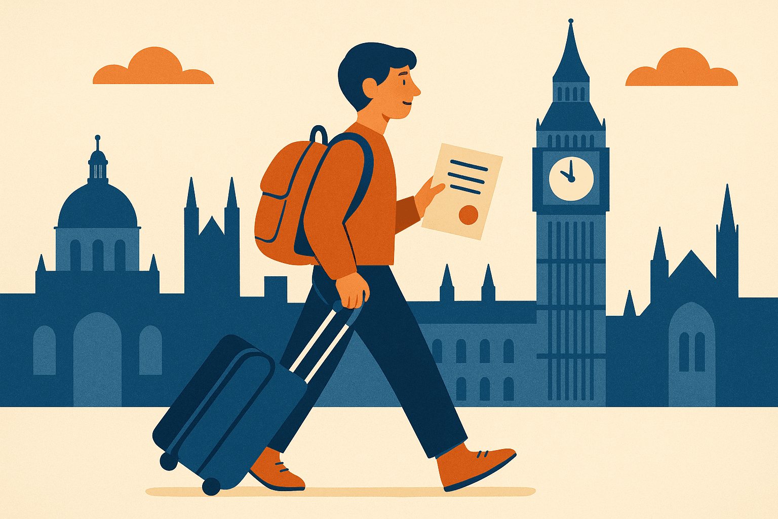Student with visa documents and UK skyline illustration