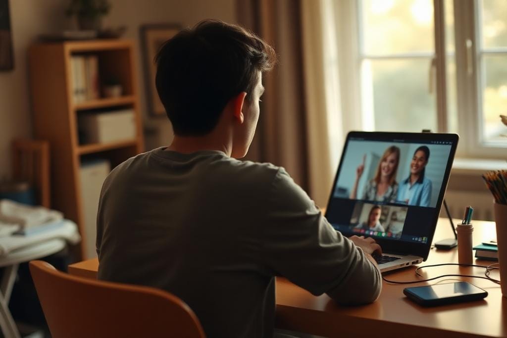Student preparing for a study permit interview at a laptop, seen from behind