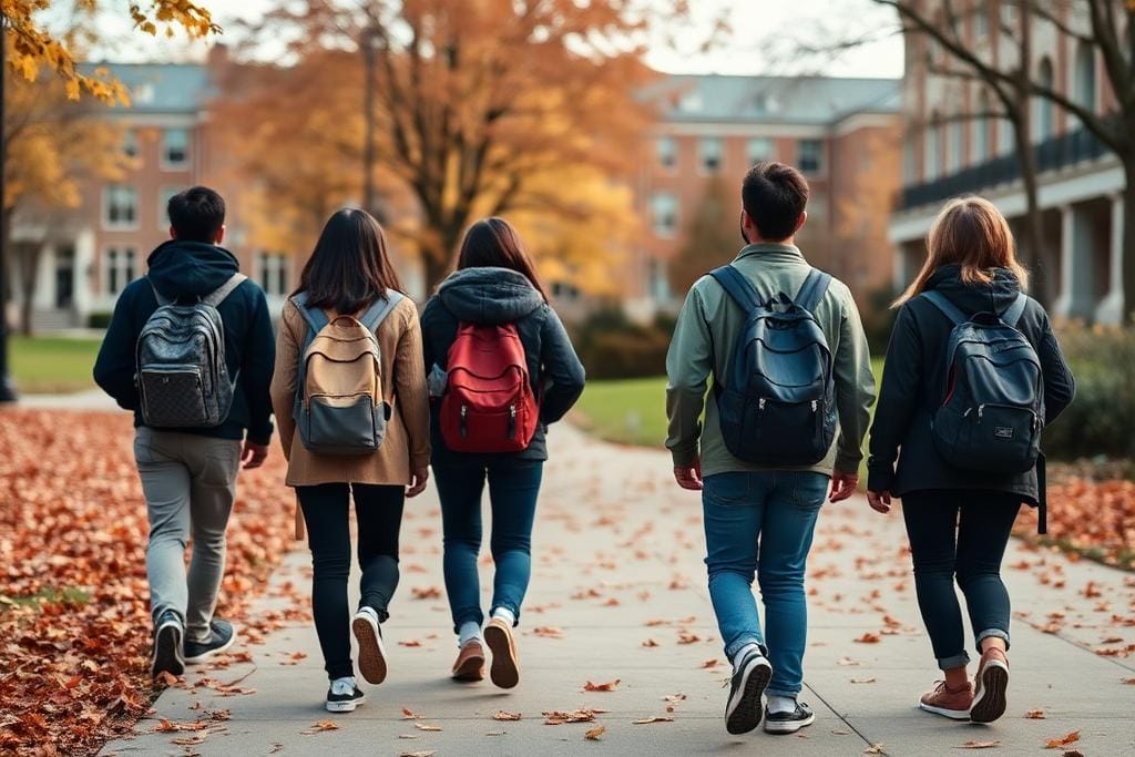 International students walking across a Canadian university campus in autumn