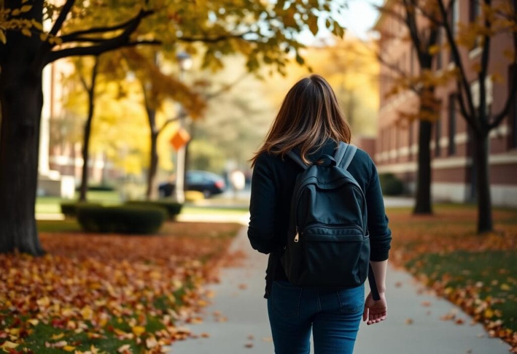 International student walking across a Canadian university campus in autumn
