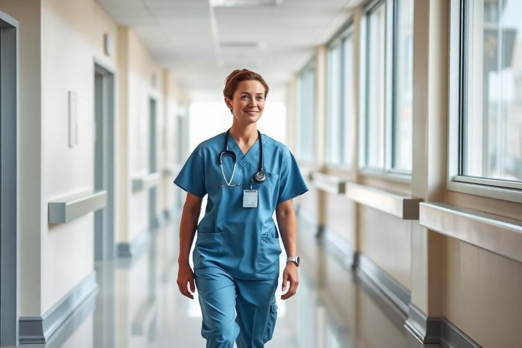 Healthcare worker walking through an Ontario hospital corridor