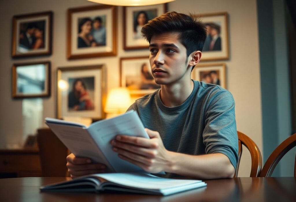 Applicant sitting at home reflecting on family and community ties before a visa application