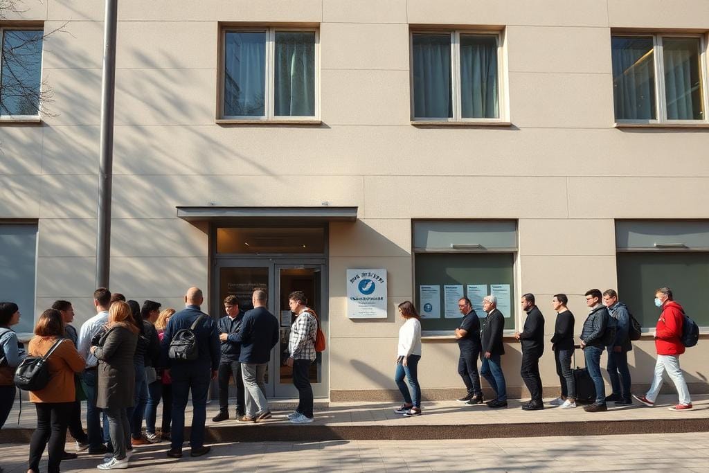 Applicants waiting outside a visa application center
