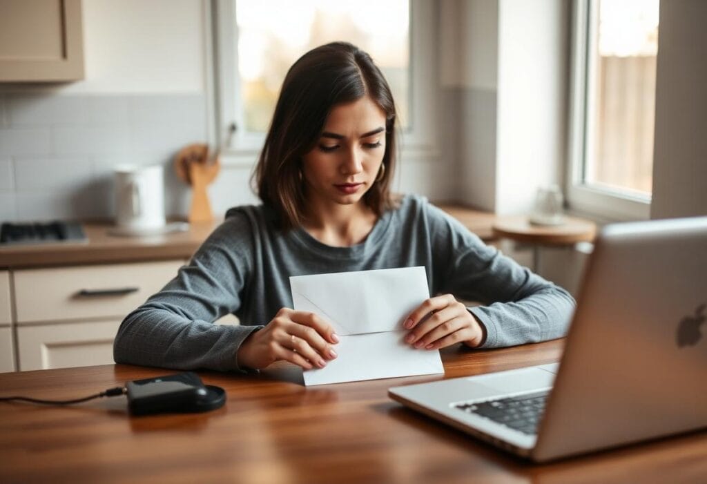 Student sitting at home with a closed envelope, thinking over a visa decision