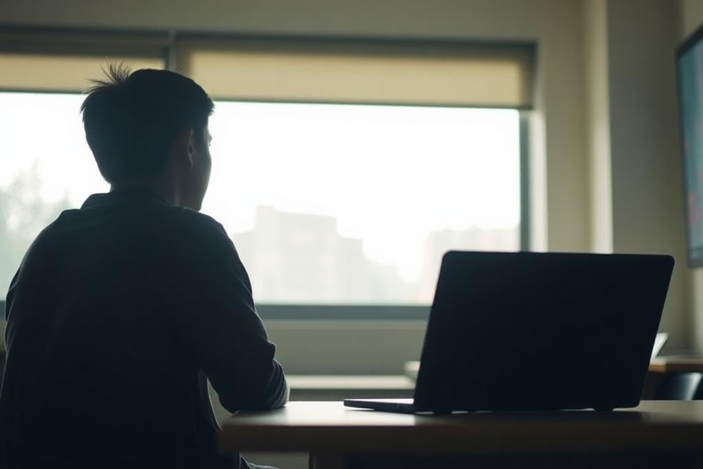 Student sitting quietly by a window, thinking over a visa decision