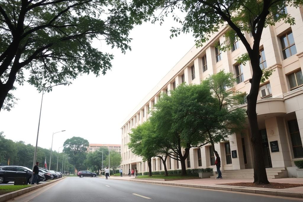 People walking near a government office building on an overcast day