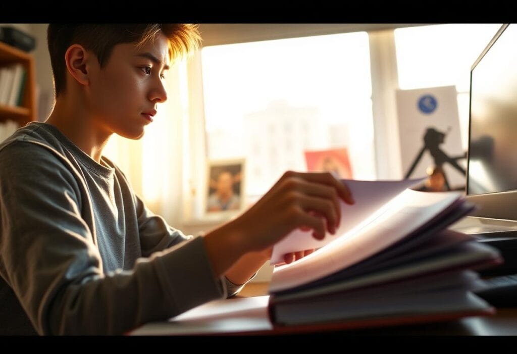Student preparing documents at home before reapplying for a visa