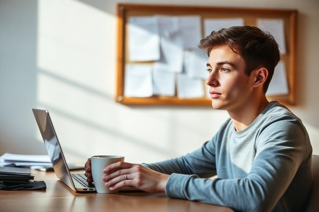 Student sitting quietly at a desk, taking time before reapplying