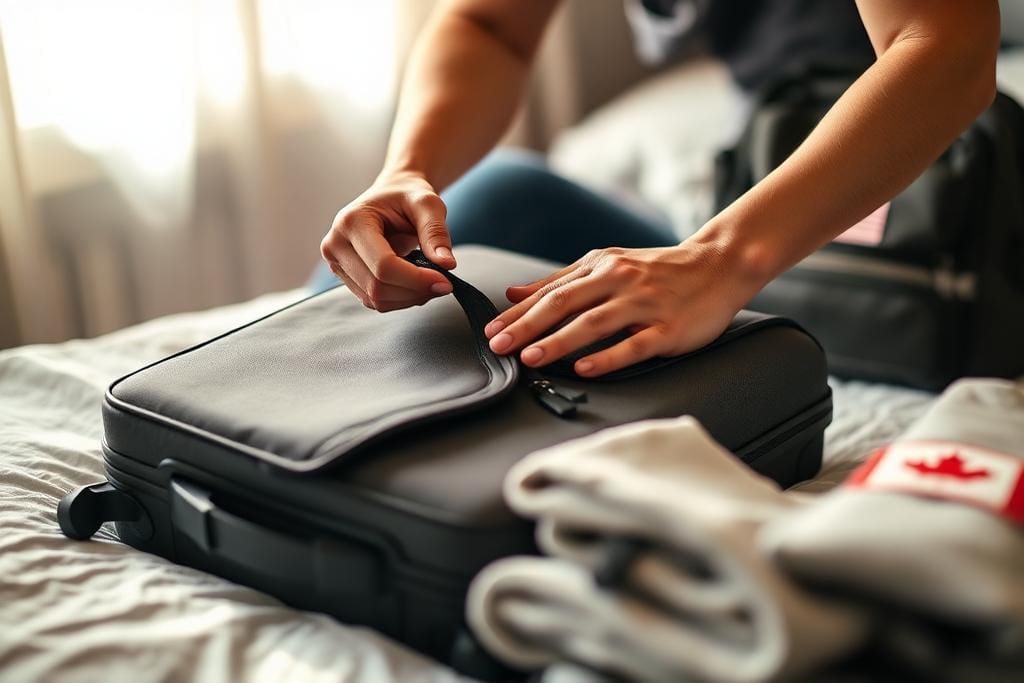 Hands closing a suitcase while packing to move to Canada for study