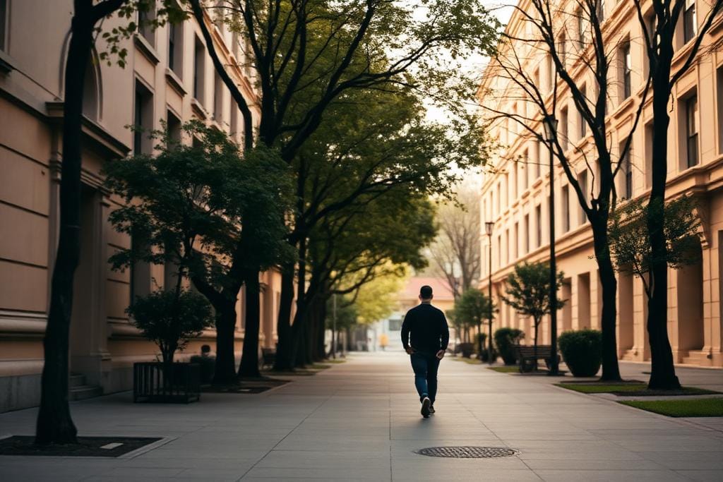 Person walking down a quiet street, moving forward after a visa setback