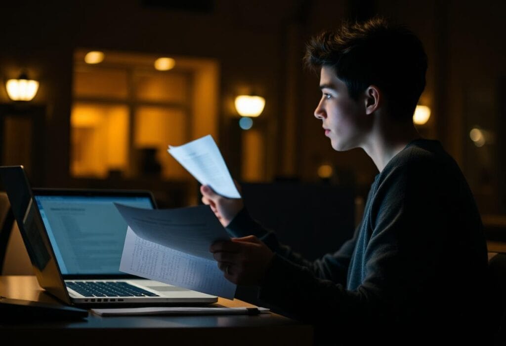 Student reviewing application documents at a desk before submitting a visa reapplication