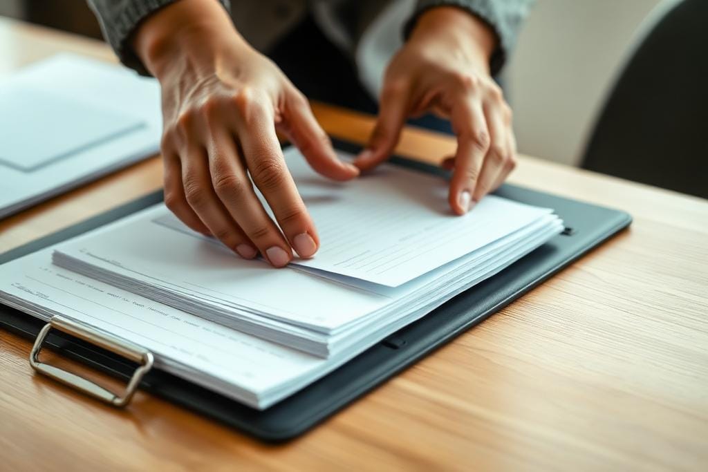 Hands organizing application documents into a folder for a visa reapplication