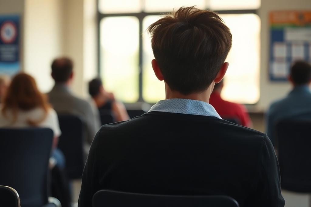 Applicant waiting at a visa application center after submitting a reapplication
