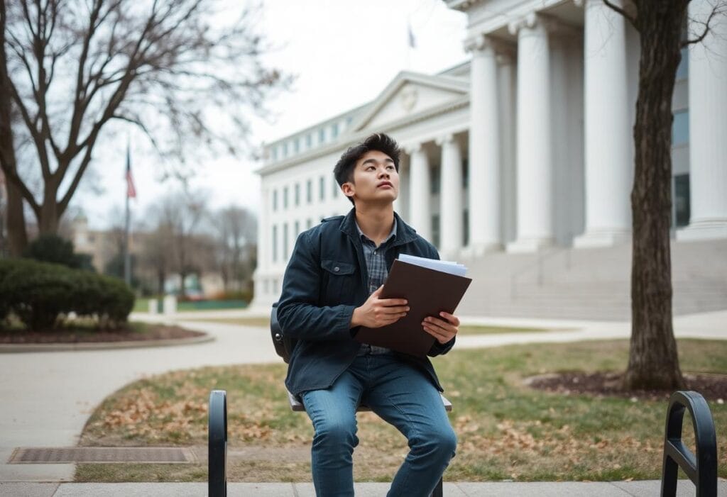 Student sitting outside a government office weighing what to do after a visa refusal