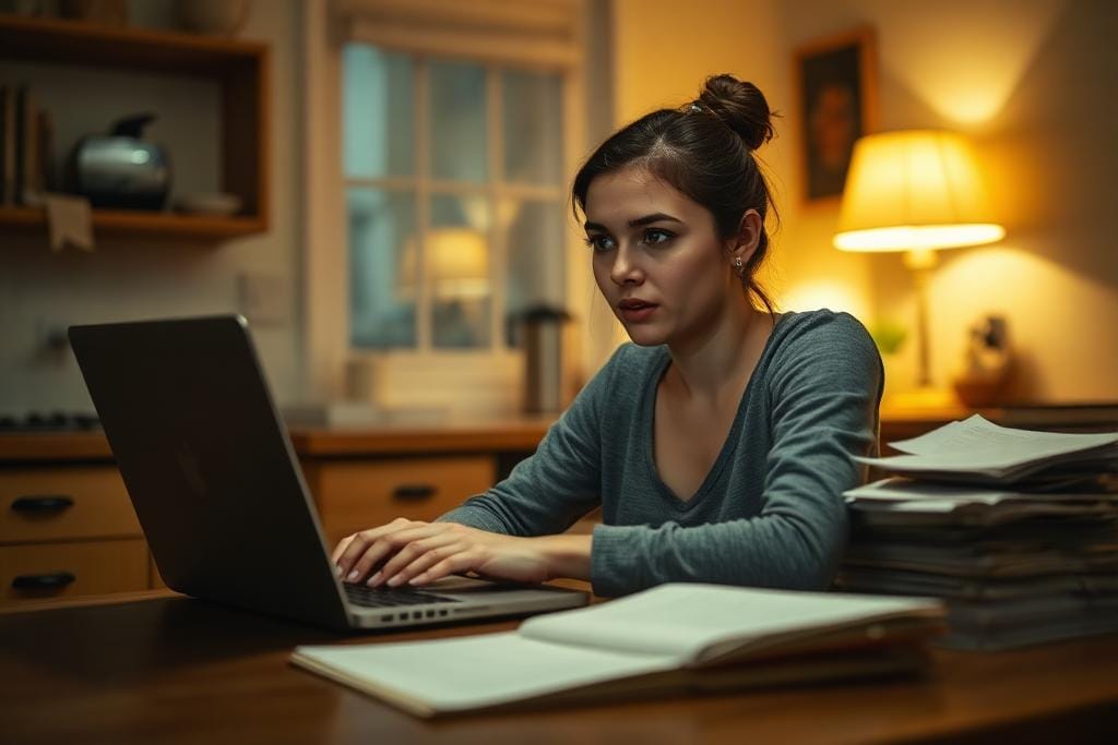 Student researching her options late at night after receiving a visa refusal