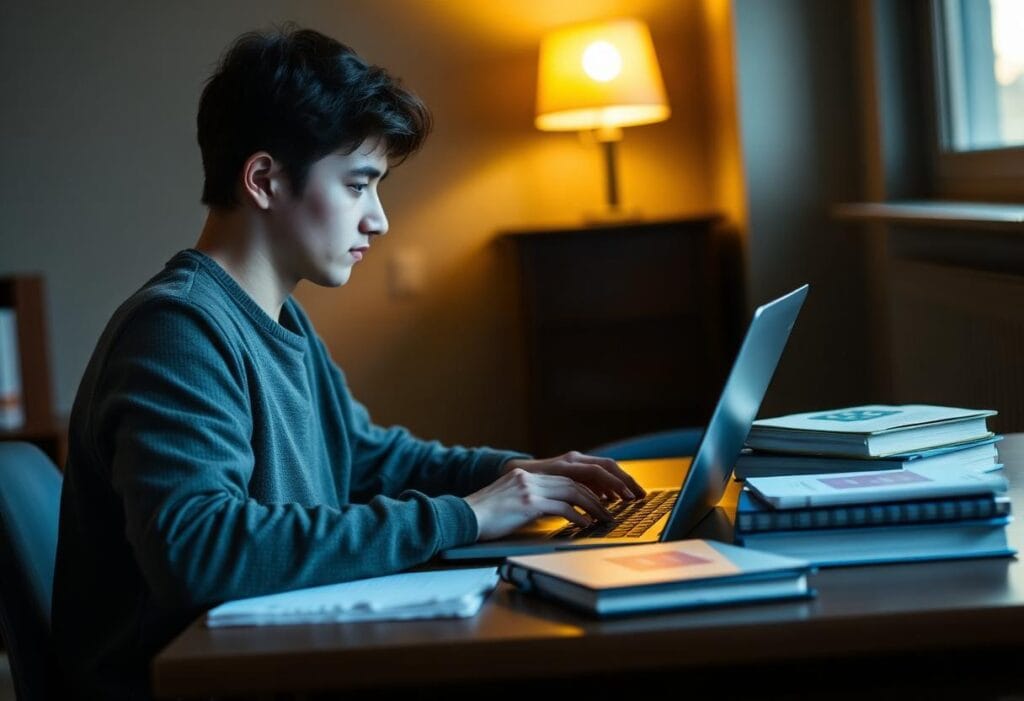 Student researching scholarship options at a desk late at night