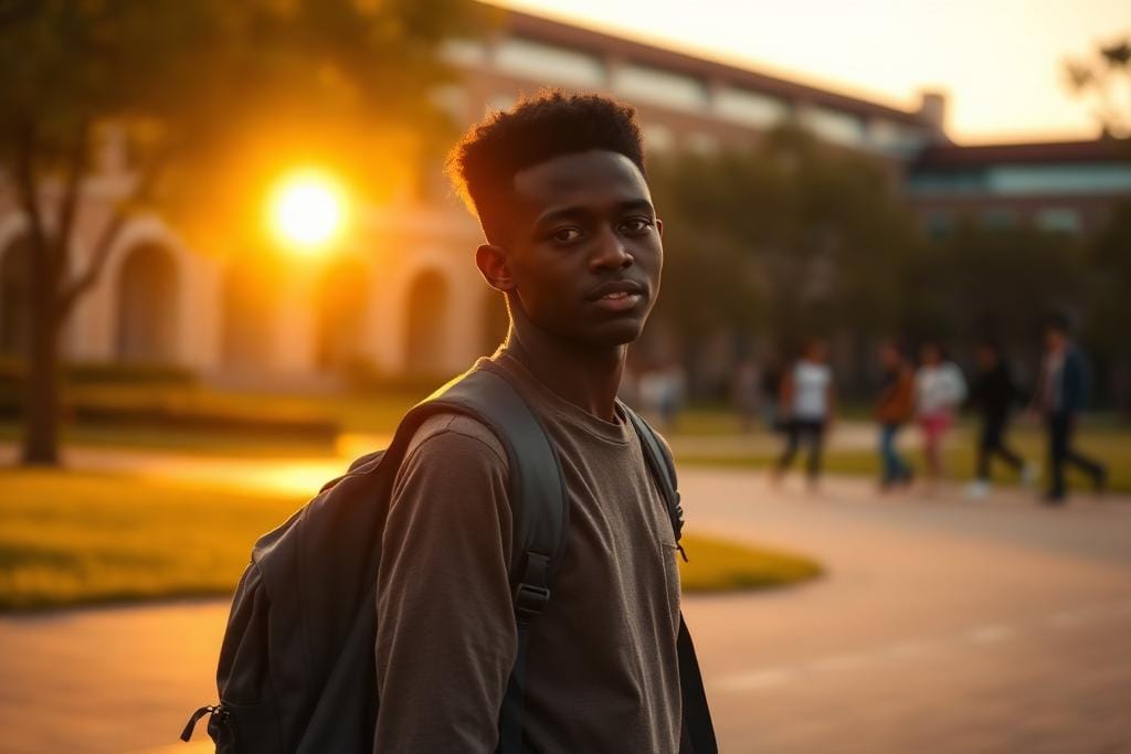 Student walking across a university campus at sunset