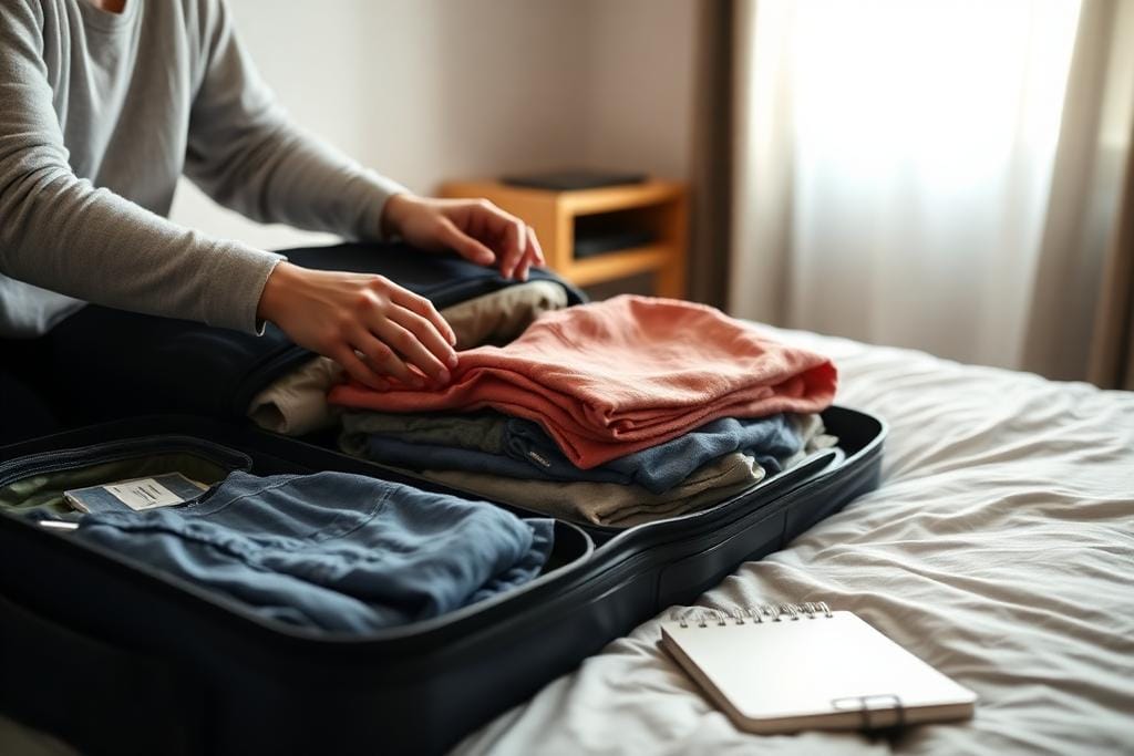 Student packing a suitcase while preparing to study abroad