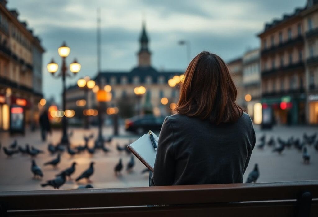 Student sitting alone on a bench in a European city plaza at dusk