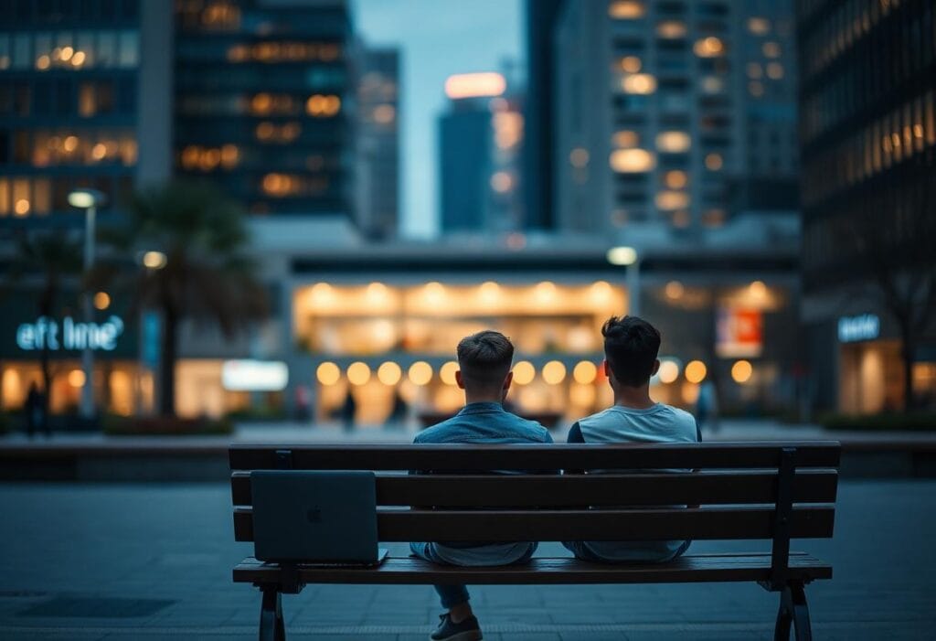 Two students sitting on a bench near city office buildings at dusk, laptop beside them