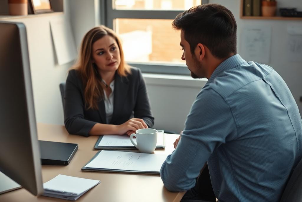 Applicant in a consultation meeting discussing their case across a desk