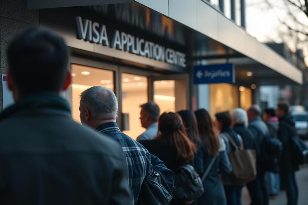 Applicants queuing outside a visa application centre in the early morning