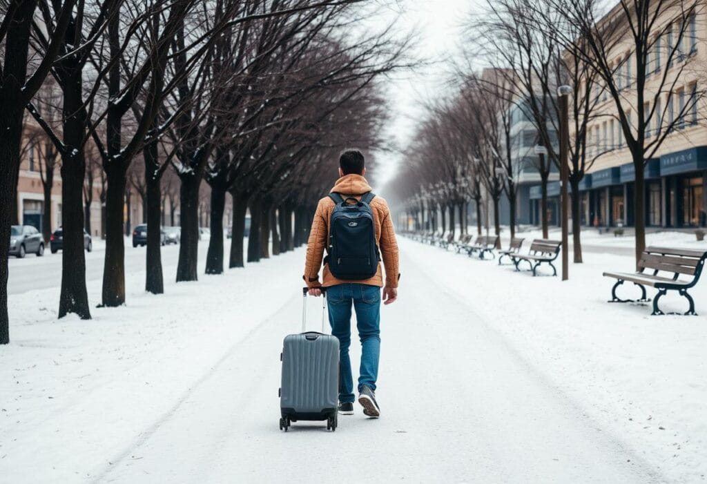 International student pulling a suitcase along a snowy tree-lined path, arriving to start student life in Canada.