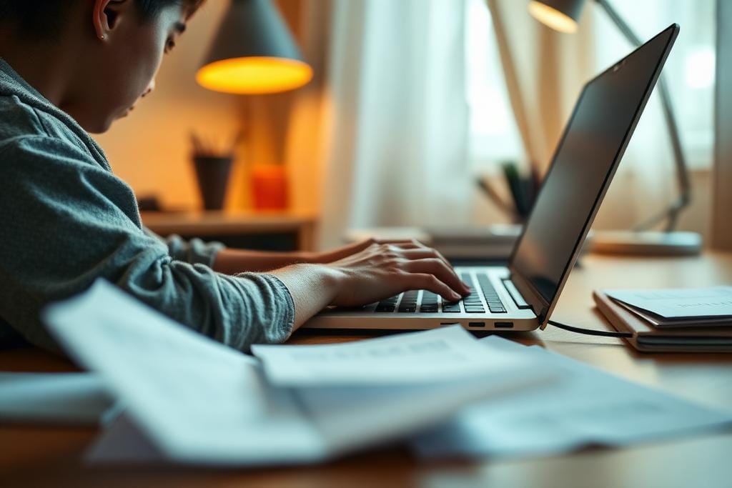 Student preparing study permit financial documents at a laptop before applying.