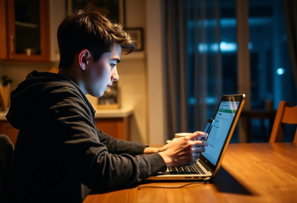 Student checking a banking app on their phone late at night while reviewing their finances