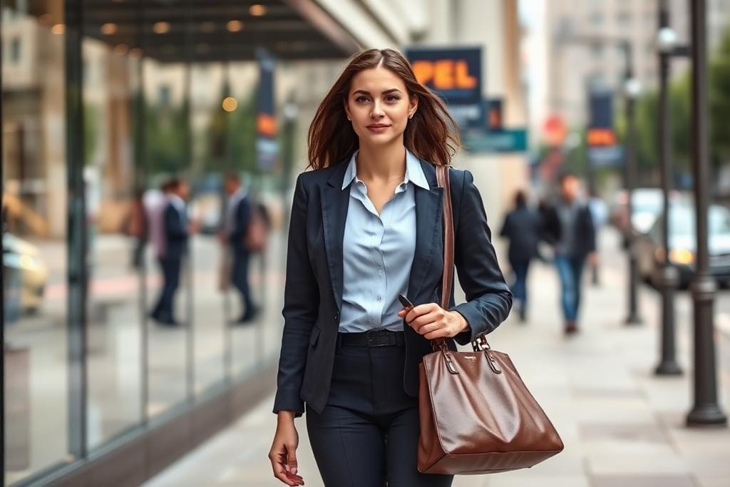 A student walking down a city street after checking her account at the bank