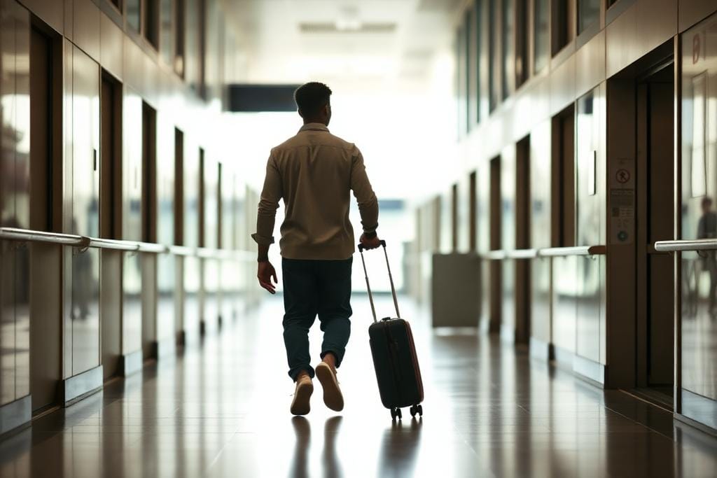Student walking through a European airport arrivals corridor with a suitcase