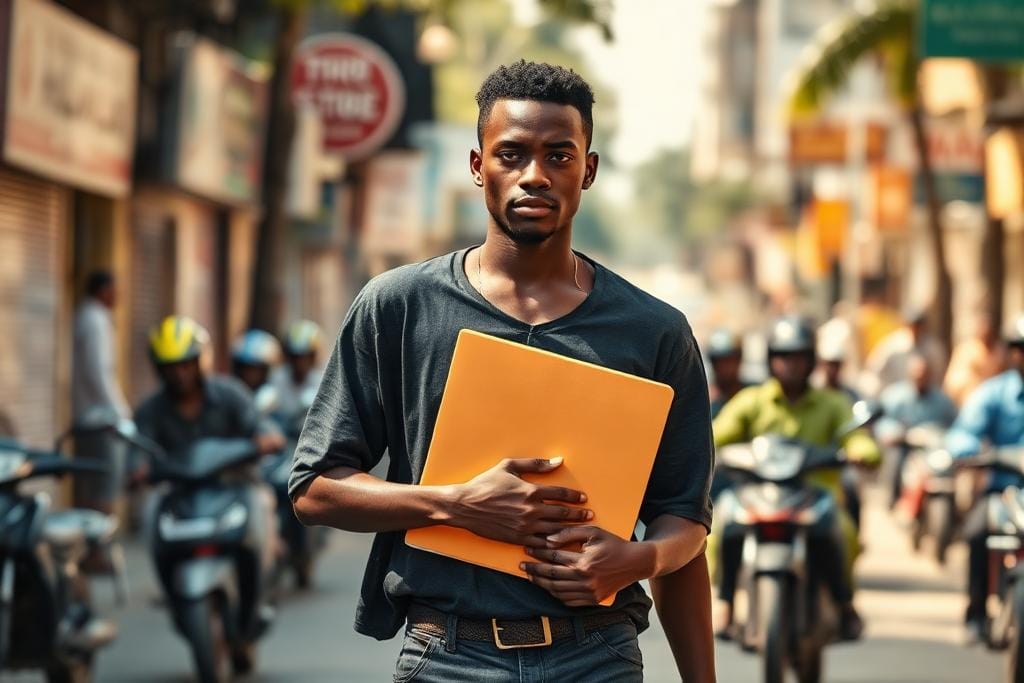 A student walking through the city carrying paperwork after a bank visit about a study loan.