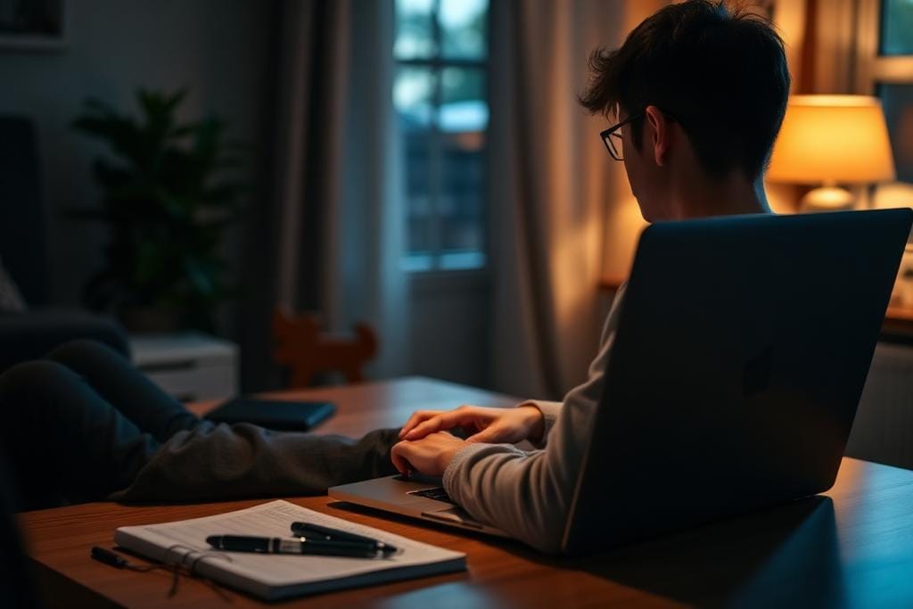 A student on a video call with an international student loan lender from home.