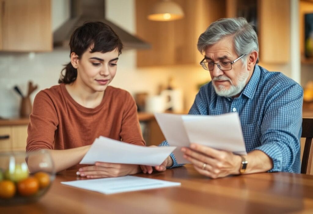 A student and a family member reviewing visa paperwork together at home