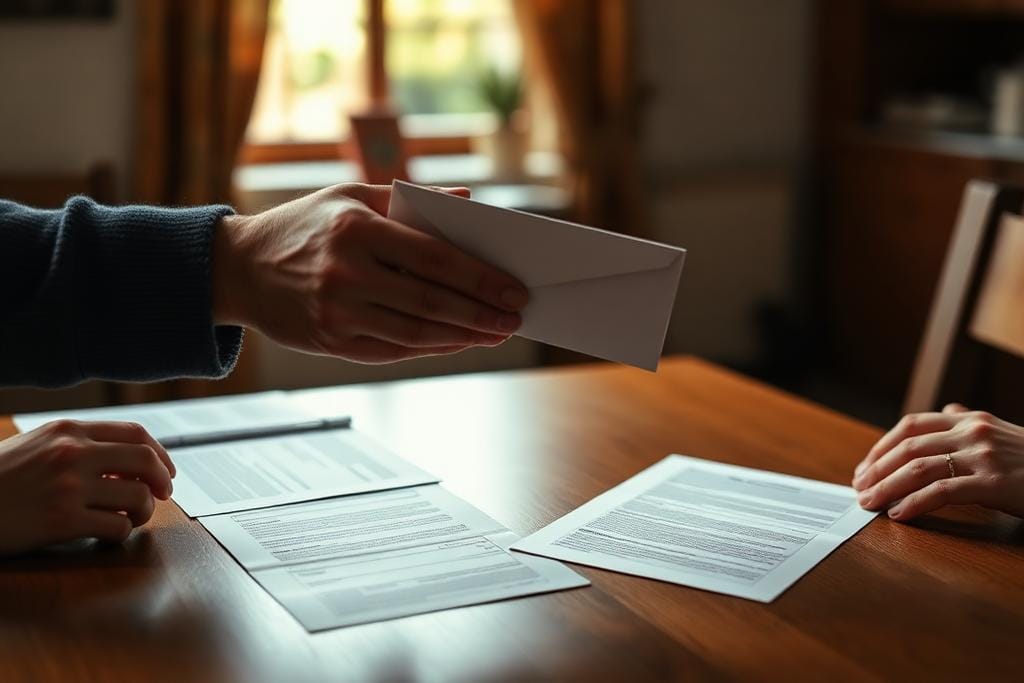 Hands exchanging a sealed envelope of documents across a table