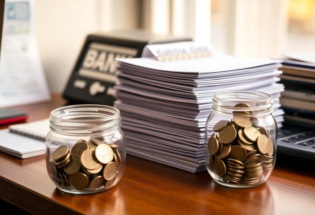 Savings passbooks and coins arranged on a desk, symbolizing money set aside over time