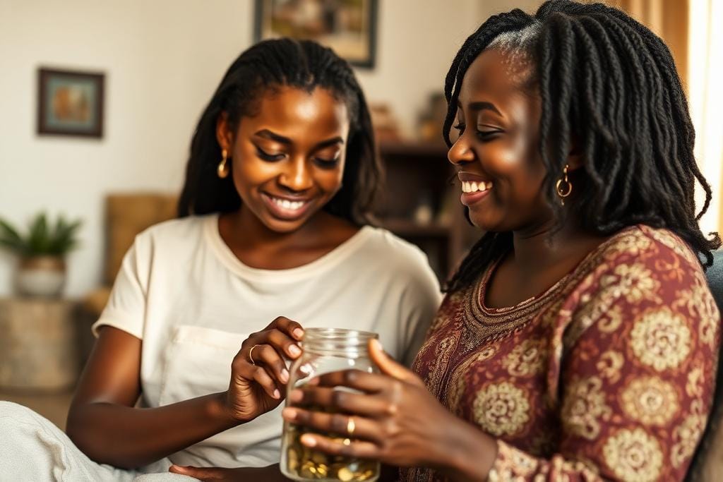 A young Nigerian woman and her mother setting aside savings together at home