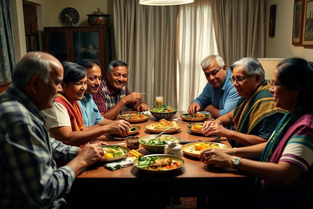 An extended South Asian family gathered together, representing the family pooling common among student visa applicants