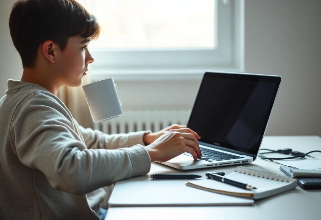 A student sitting at a desk at home preparing their visa application paperwork